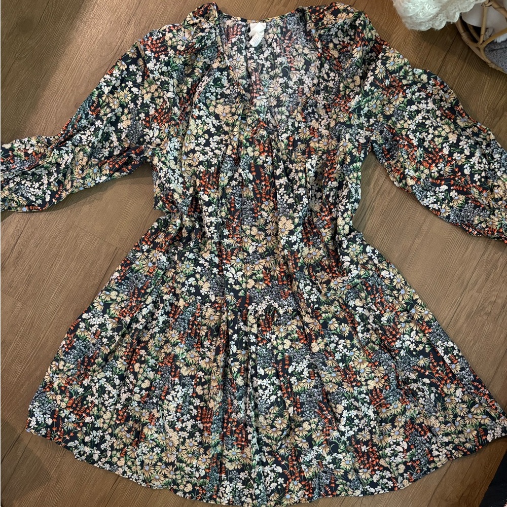 Divided Floral Long Sleeve Dress - Multicolor